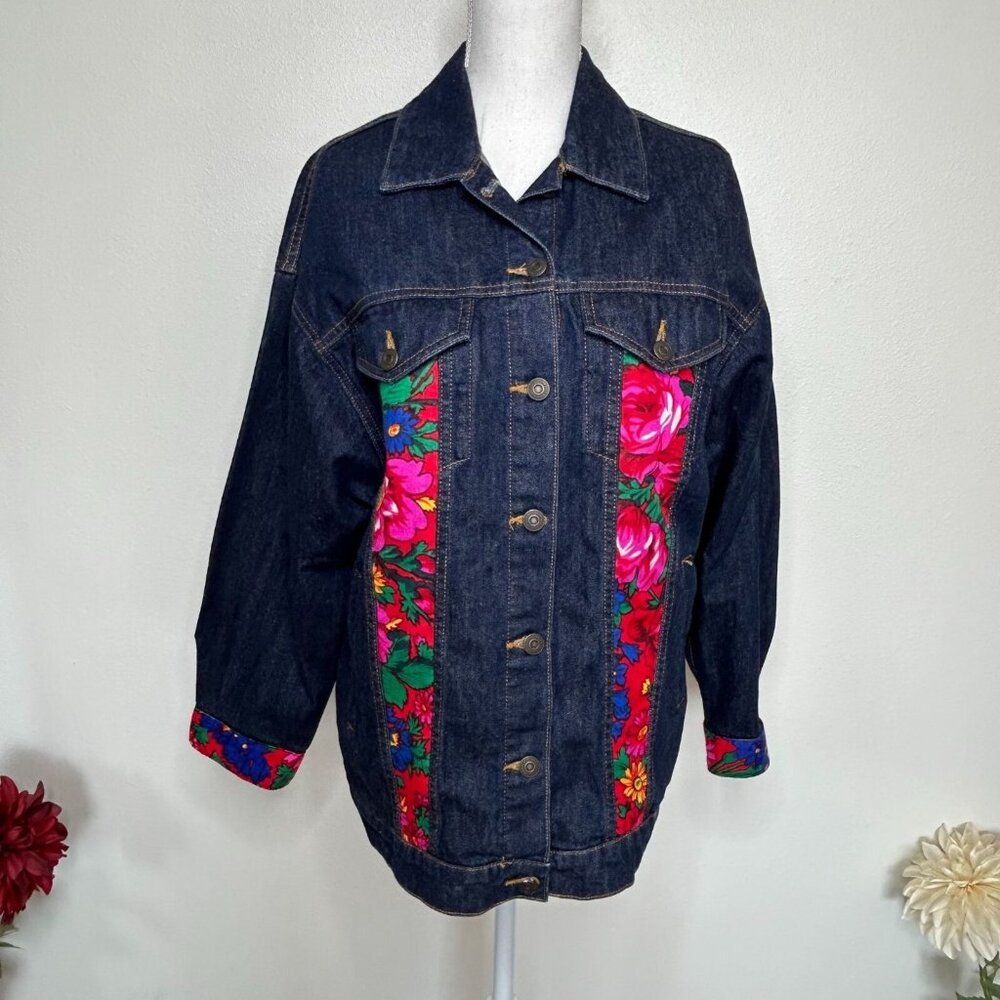 Zara Basics Z1975 Denim Jacket w/Floral Accents Casual Preppy